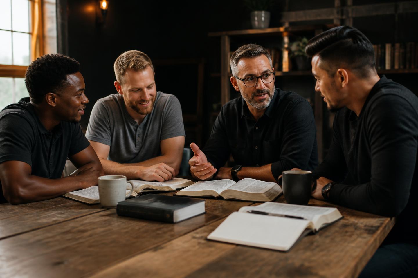 Men studying Scripture and sharing fellowship around a table